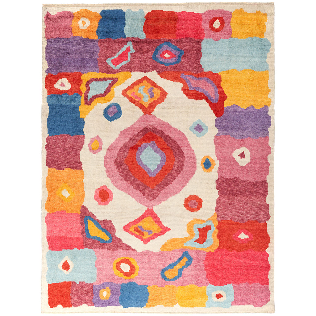 Vibrant, hand-woven area rug with symmetrical diamond design and colorful geometric shapes.