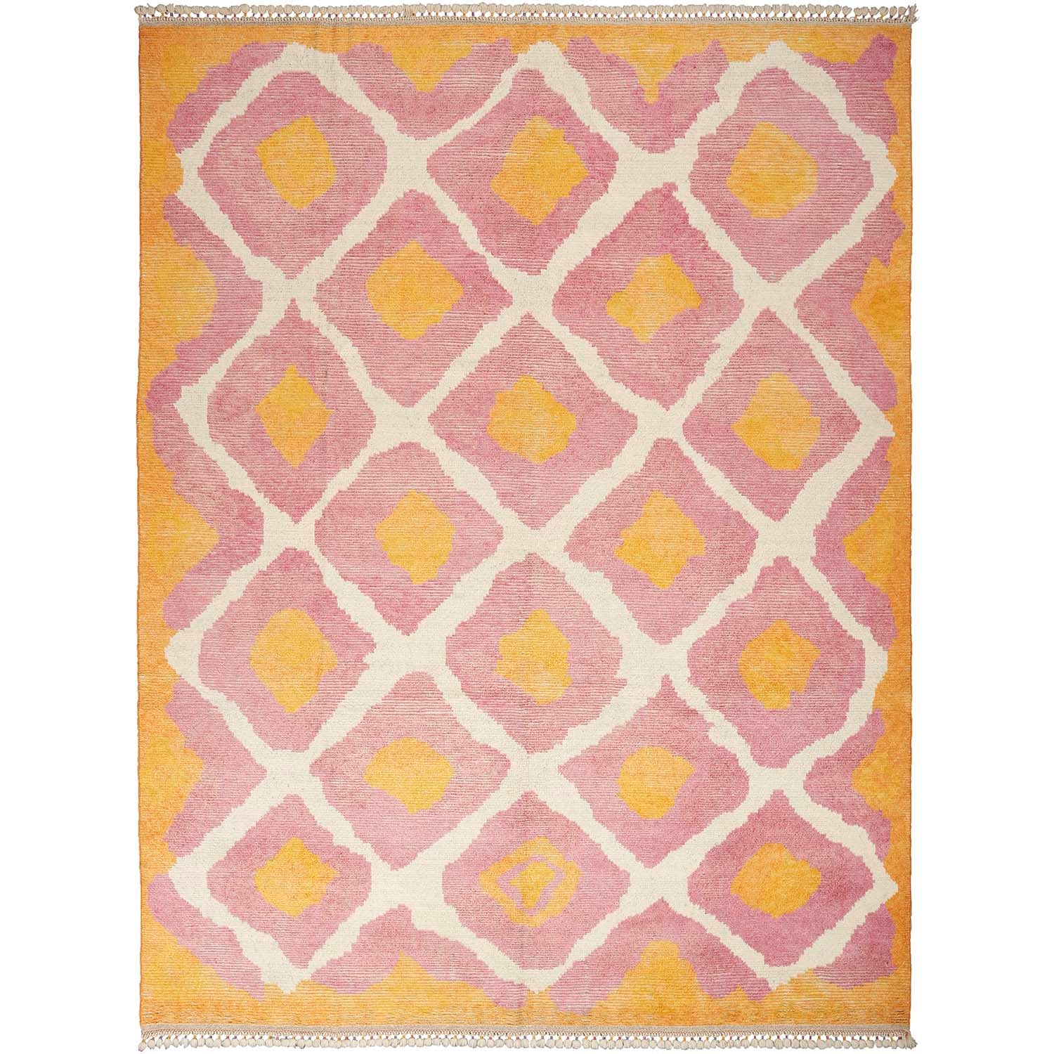 Vibrantly patterned rectangular area rug with geometric motifs and fringe.