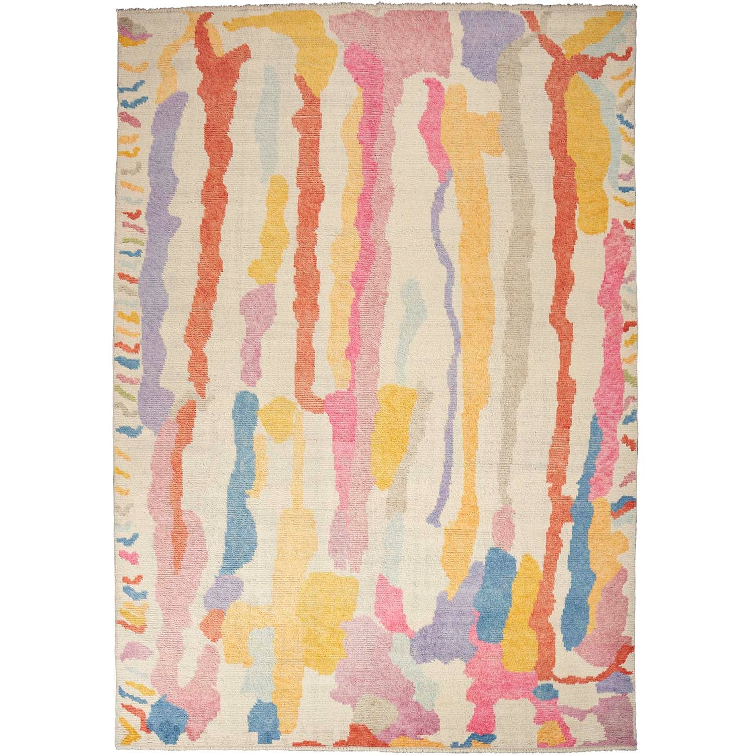 Vibrant, playful rug with abstract, colorful stripes complements modern interiors.