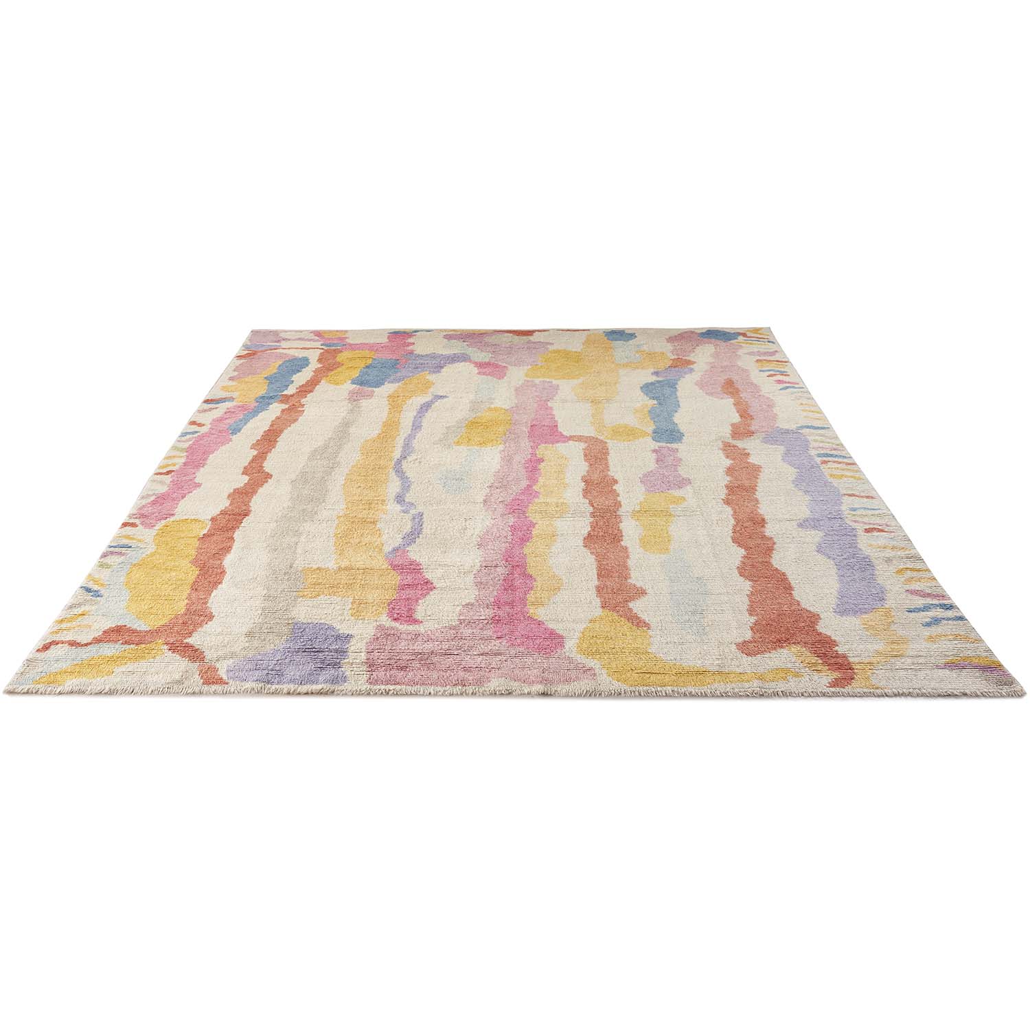Colorful, abstract area rug with pastel stripes resembles watercolor painting.
