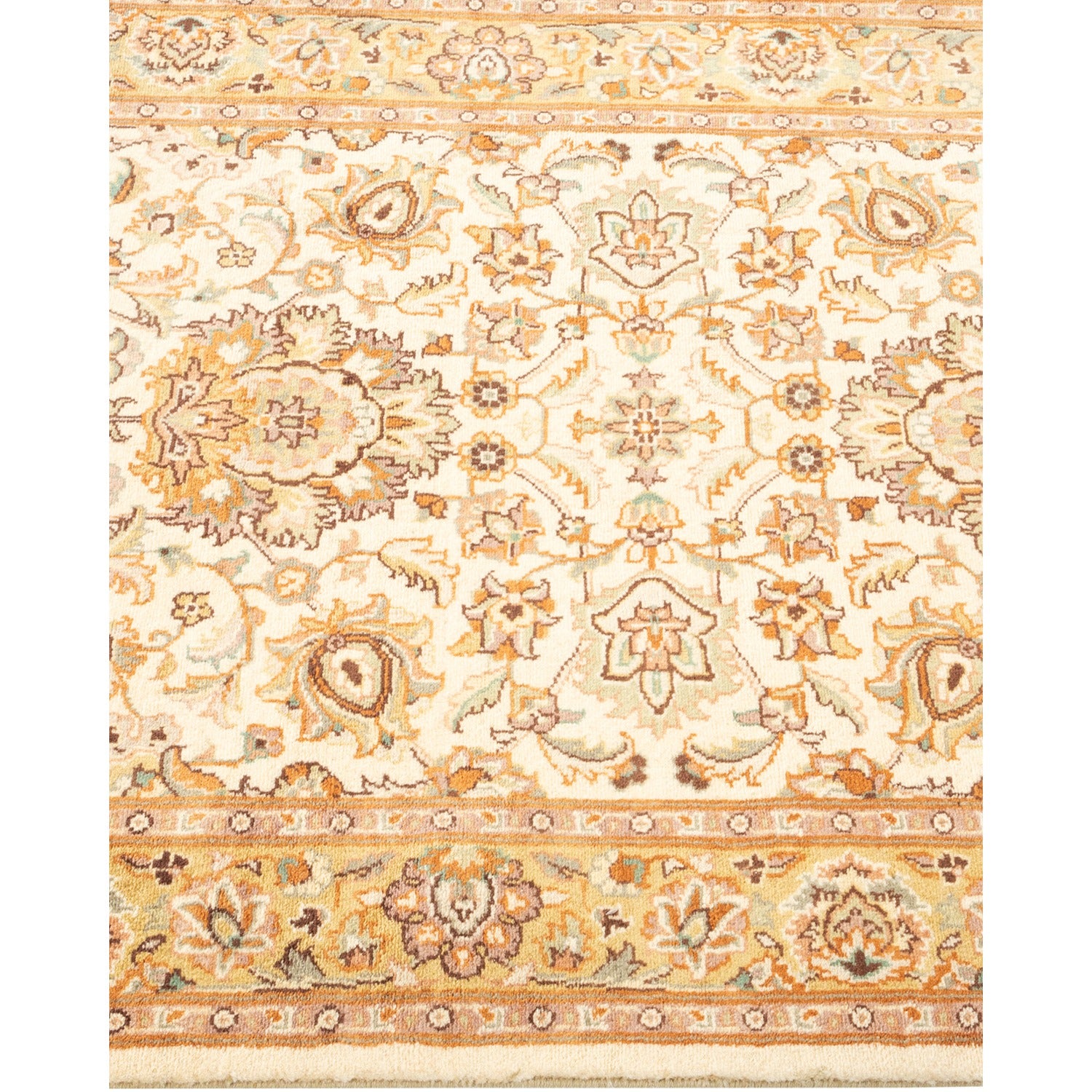 Intricate, symmetrical floral motifs adorn a traditional Persian-inspired carpet.