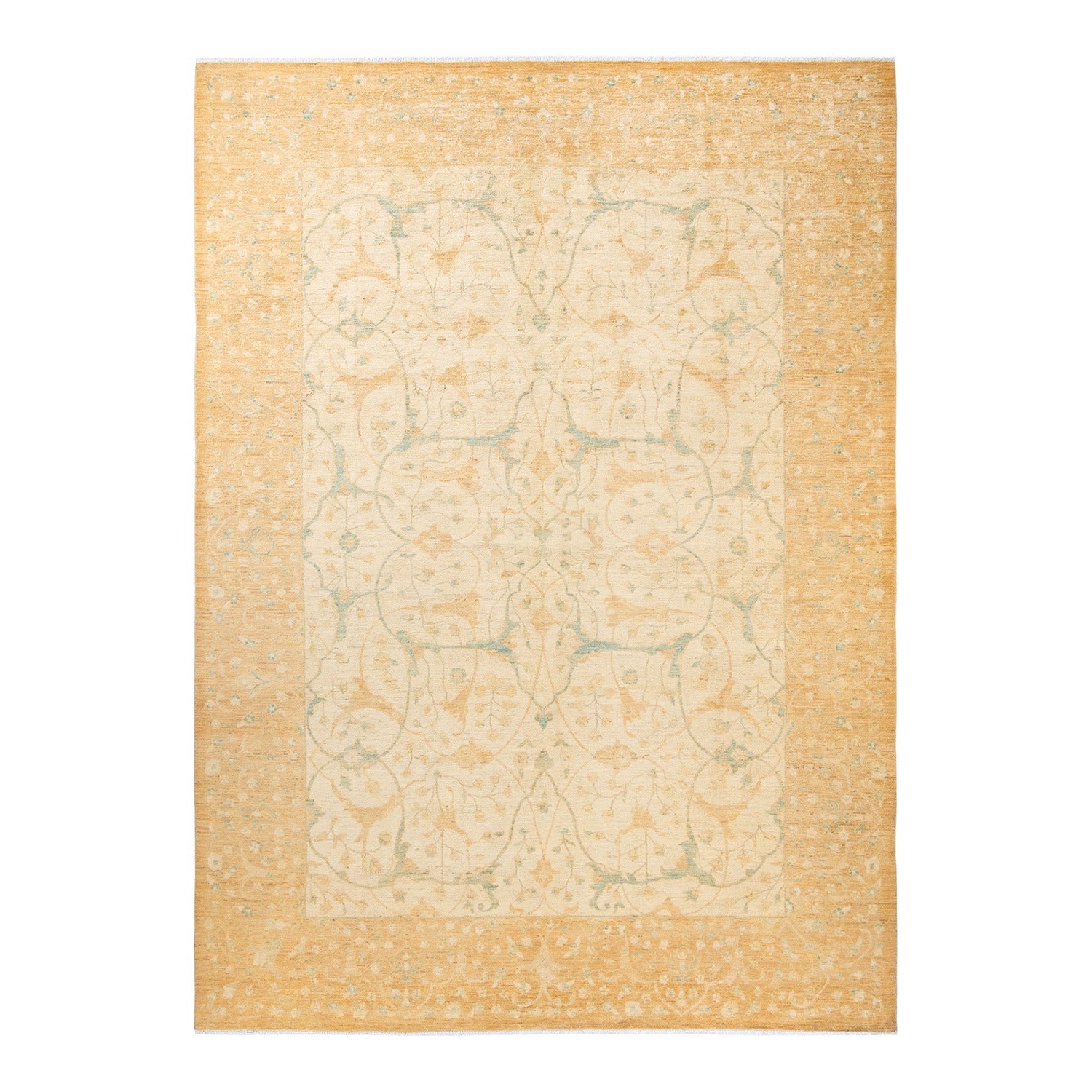 Intricately patterned ornate rug in muted tones with Eastern influence.