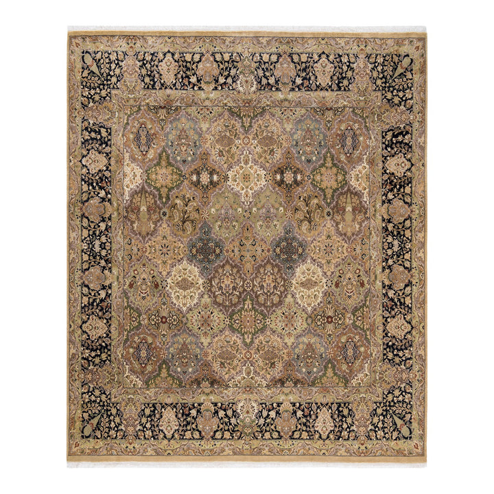 Exquisite Oriental rug with intricate patterns in muted, rich hues.