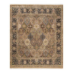 Exquisite Oriental rug with intricate patterns in muted, rich hues.