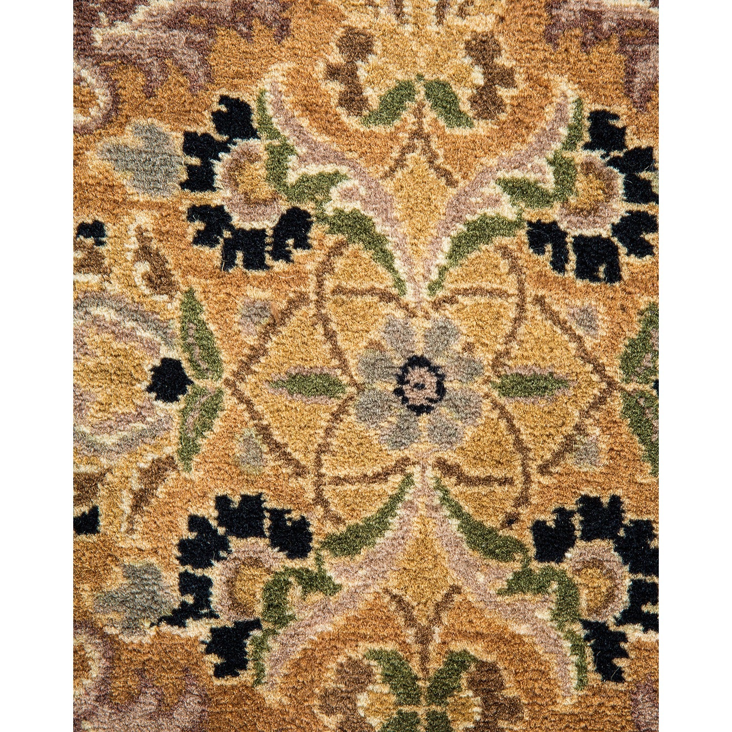 Intricate and symmetrical rug design with floral and geometric motifs.