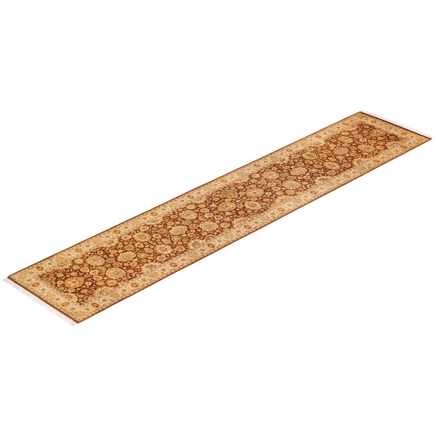 Long, narrow floral rug with ornate patterns in warm tones.