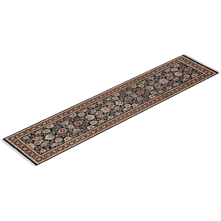 Runner rug with intricate floral pattern and ornate border design.