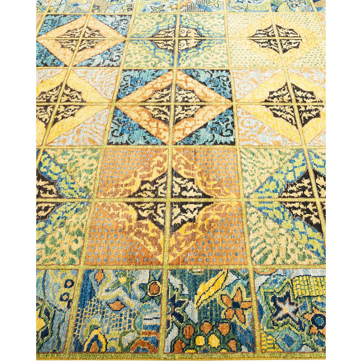 Vibrant, intricate textile with floral motifs and geometric shapes.