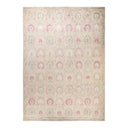 Vintage rectangular rug with ornate floral medallion pattern in pink and green.
