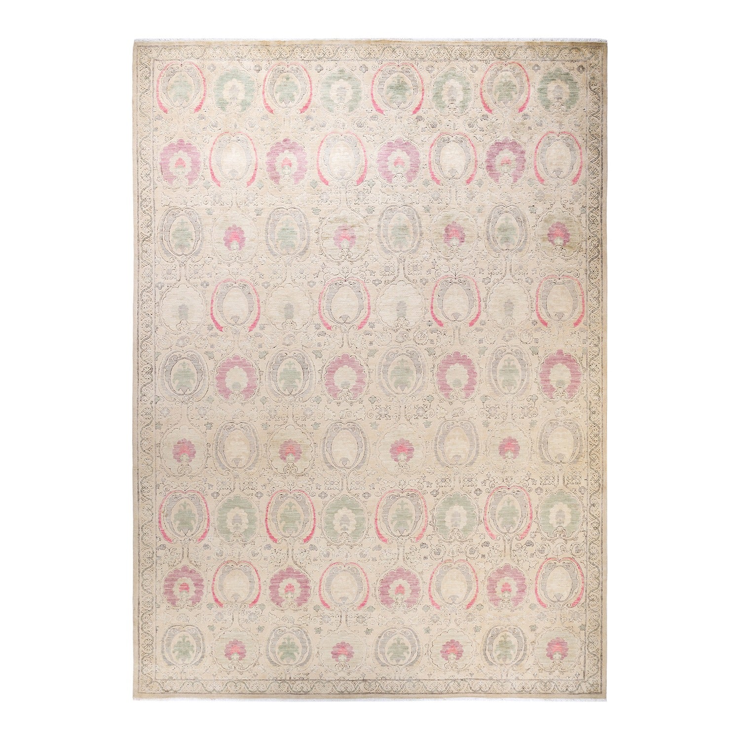 Vintage rectangular rug with ornate floral medallion pattern in pink and green.