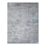 Contemporary rectangular rug with distressed grid design in gray and blue shades.