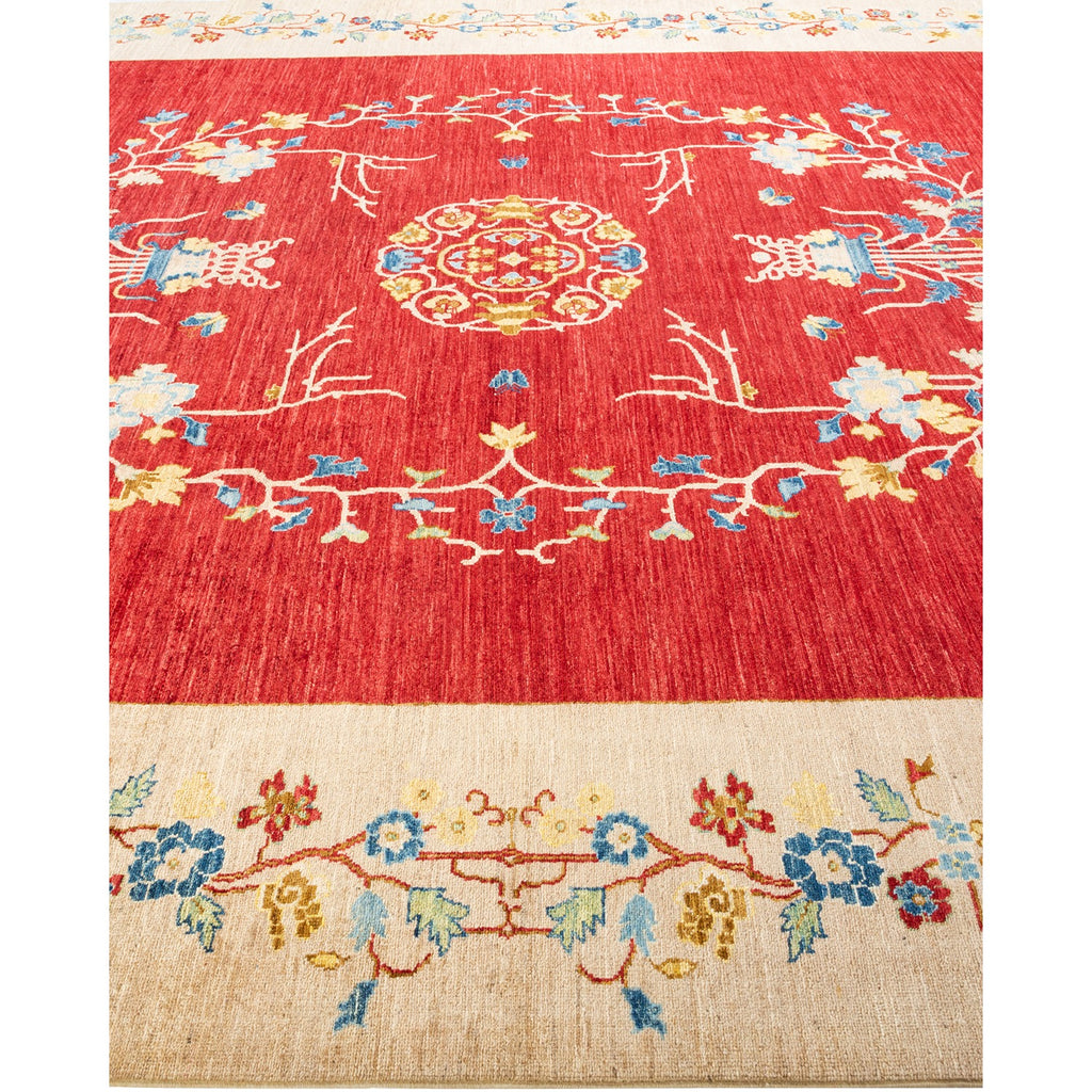 Symmetrical decorative area rug with intricate floral design in red