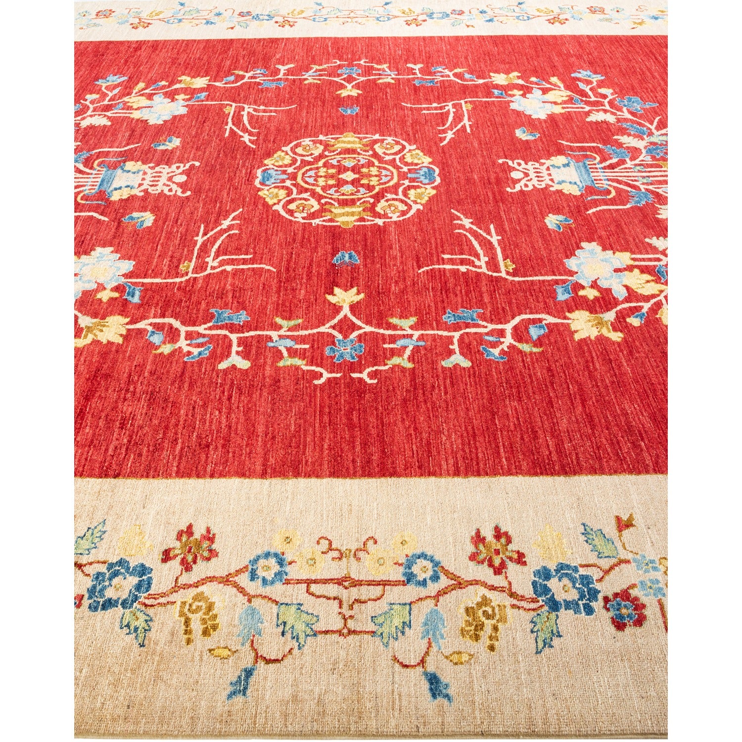 Symmetrical decorative area rug with intricate floral design in red