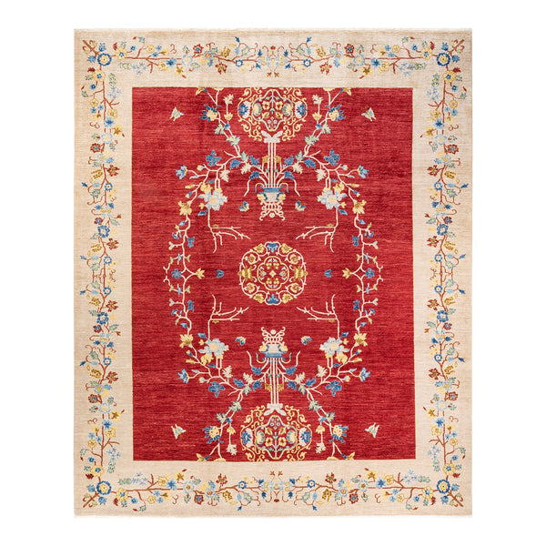 Framed in rich red, intricate floral design adorns antique rug.