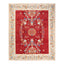 Framed in rich red, intricate floral design adorns antique rug.