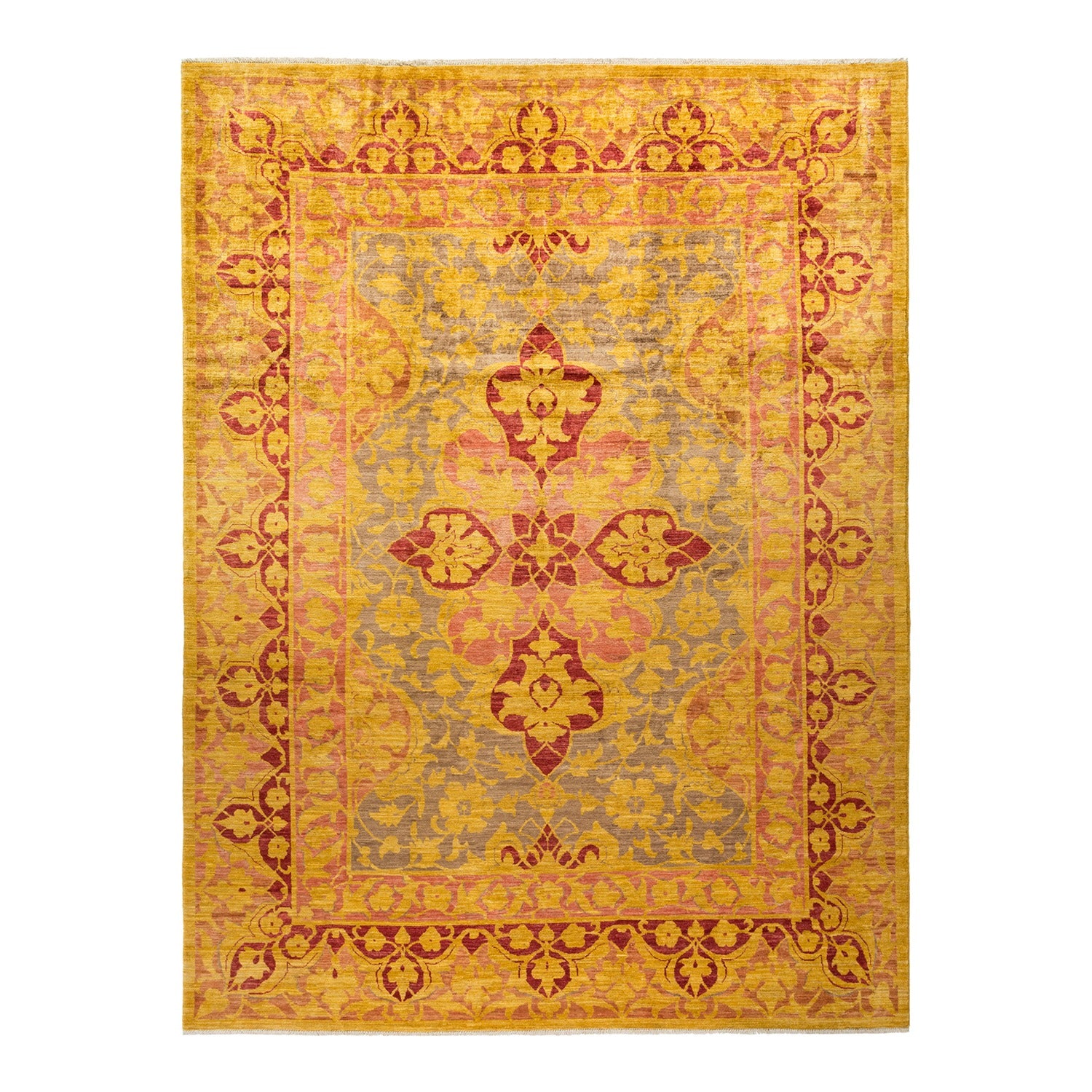 An ornate rug with intricate patterns and rich colors.