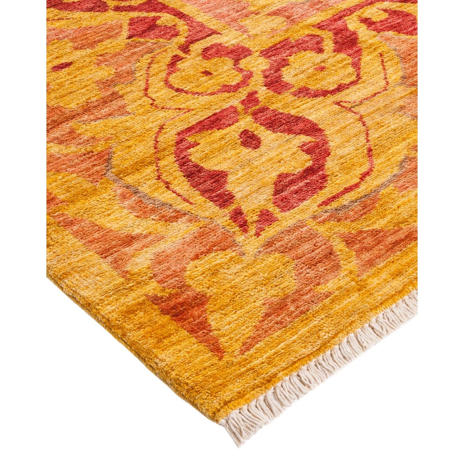 Vibrant handwoven rug with intricate symmetrical design and plush texture.