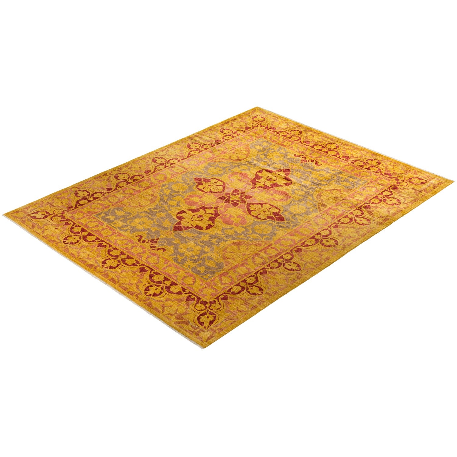 An opulent Persian-style rug with intricate floral motifs and rich colors.