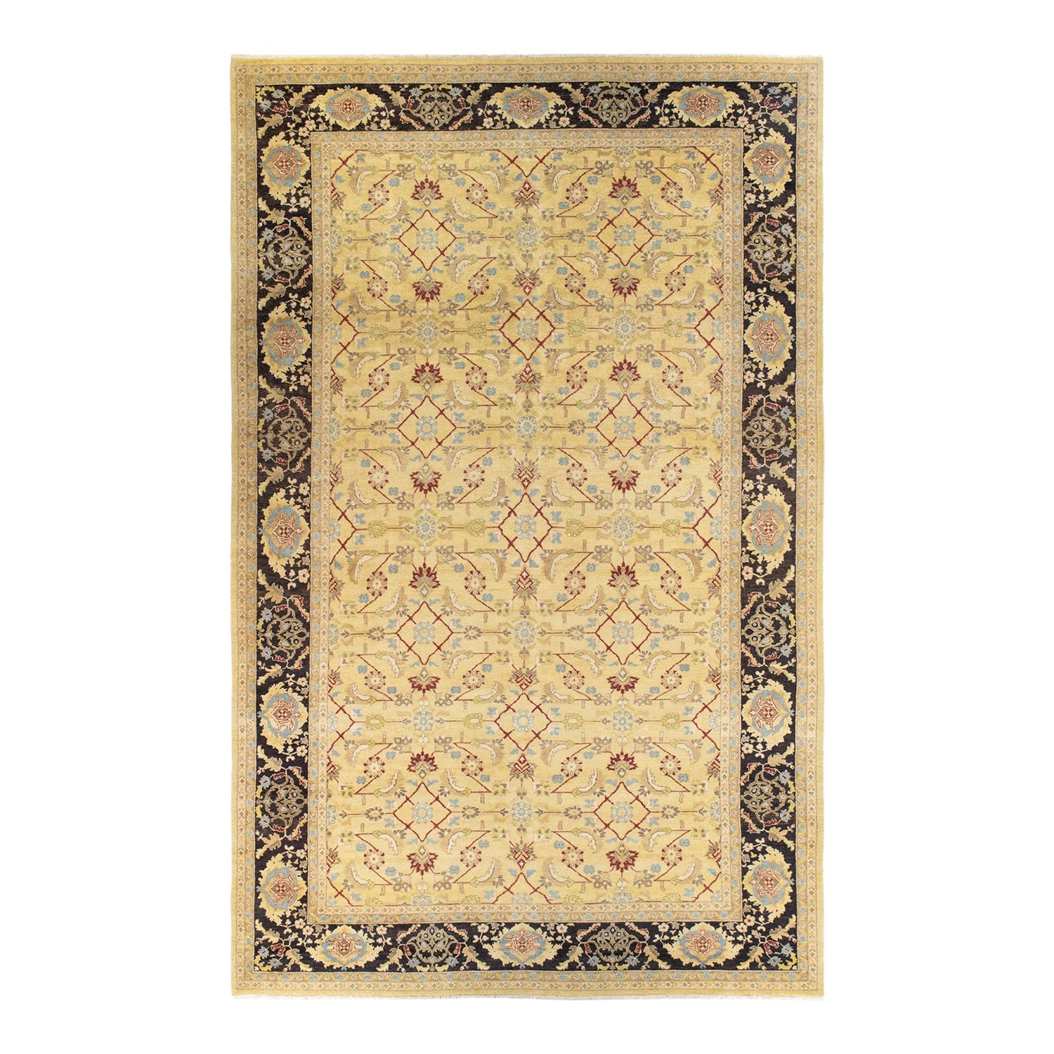 Exquisite traditional-style area rug featuring intricate floral and geometric motifs.