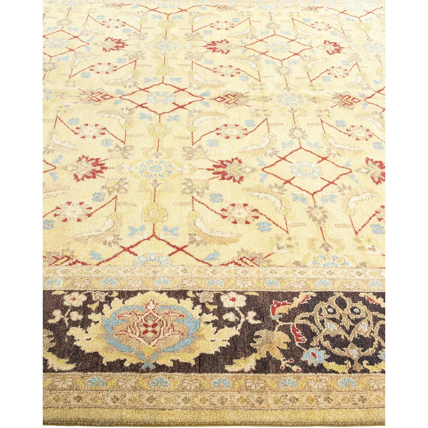 Traditional-style rug with intricate pattern and ornate classical design.