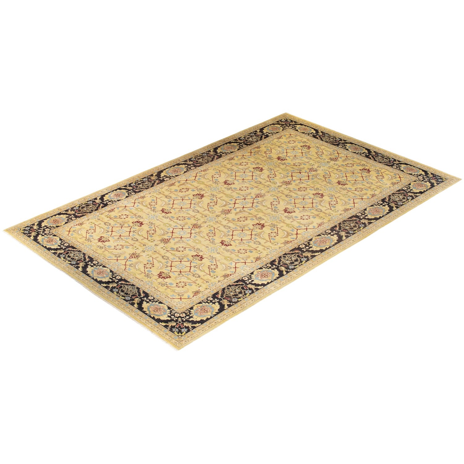 Exquisite Persian-style area rug with intricate floral motifs and contrasting colors.