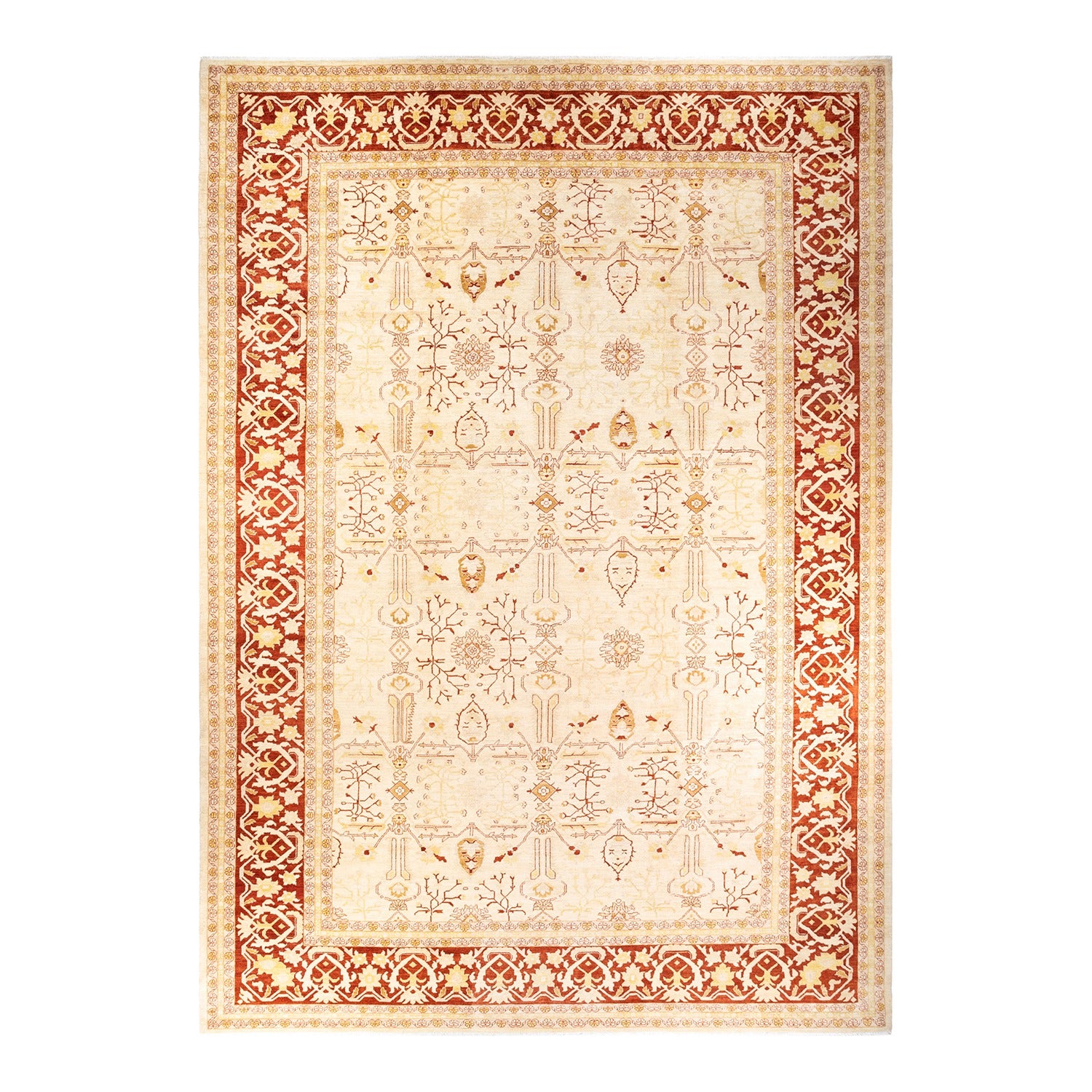 Intricately patterned traditional-style area rug with symmetrical motifs and elegant design.