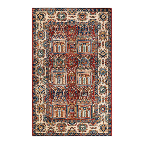 Intricate Oriental rug with symmetrical design and vibrant color palette.