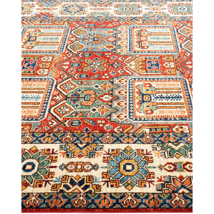 Colorful, detailed rug with intricate geometric patterns showcases traditional craftsmanship.