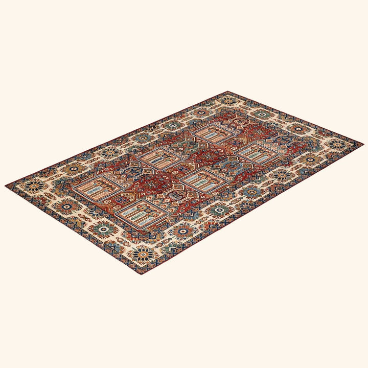 Exquisite oriental rug with intricate geometric patterns in vivid colors.