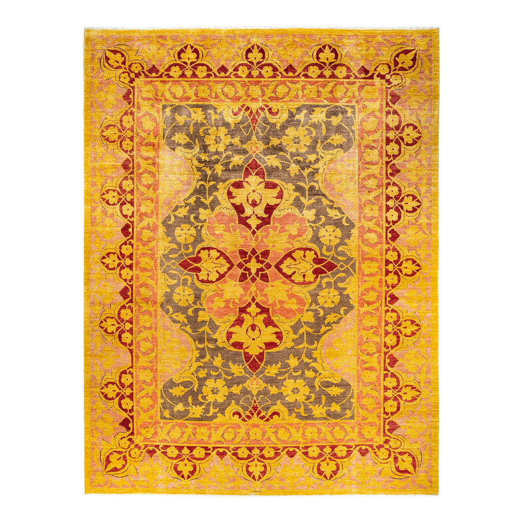 Intricately designed vintage rug in red and beige hues.