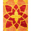 Symmetrical floral and geometric design with vibrant red and yellow hues on a woven rug.