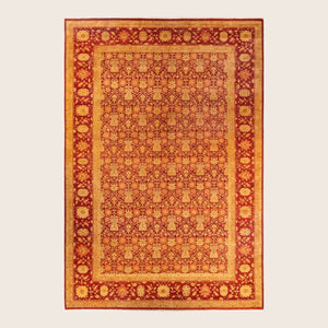 Exquisite hand-knotted oriental rug with intricate design in red and gold.