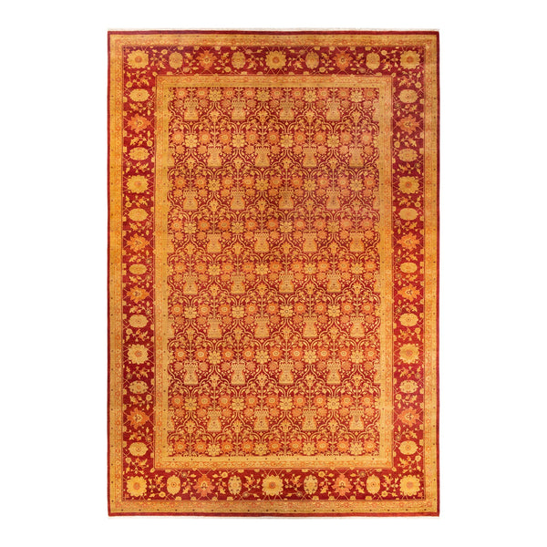 Exquisite hand-knotted oriental rug with intricate design in red and gold.