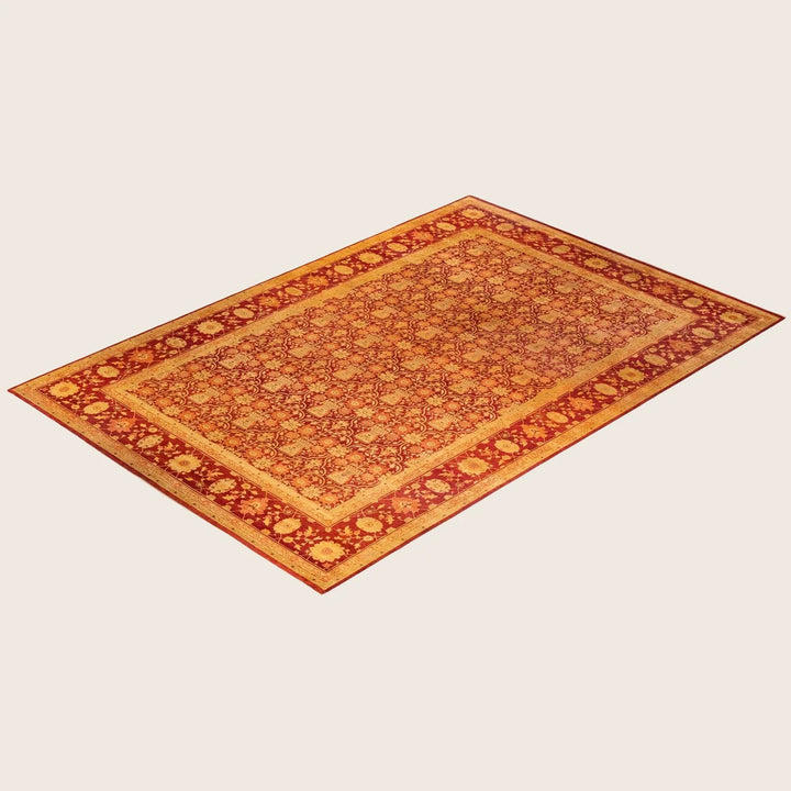 Exquisite handwoven rug with intricate floral and geometric patterns showcased