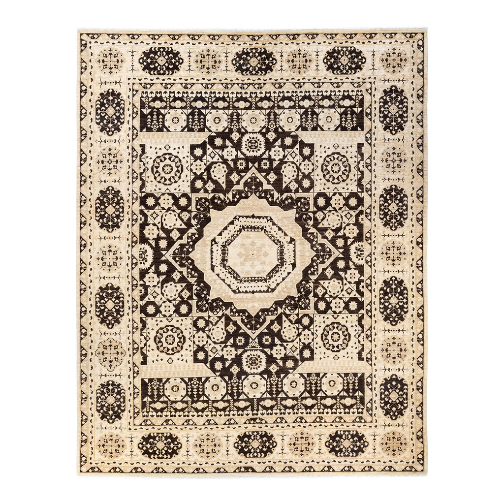 Intricate, symmetrical area rug with geometric and floral motifs.