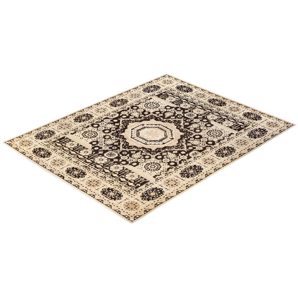 Intricately patterned ornate area rug with beige and brown tones.