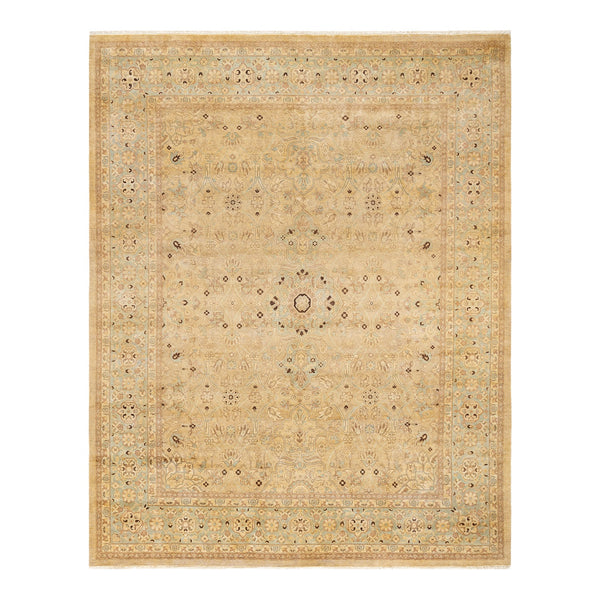 Elegant, symmetrical area rug with intricate floral and geometric patterns.