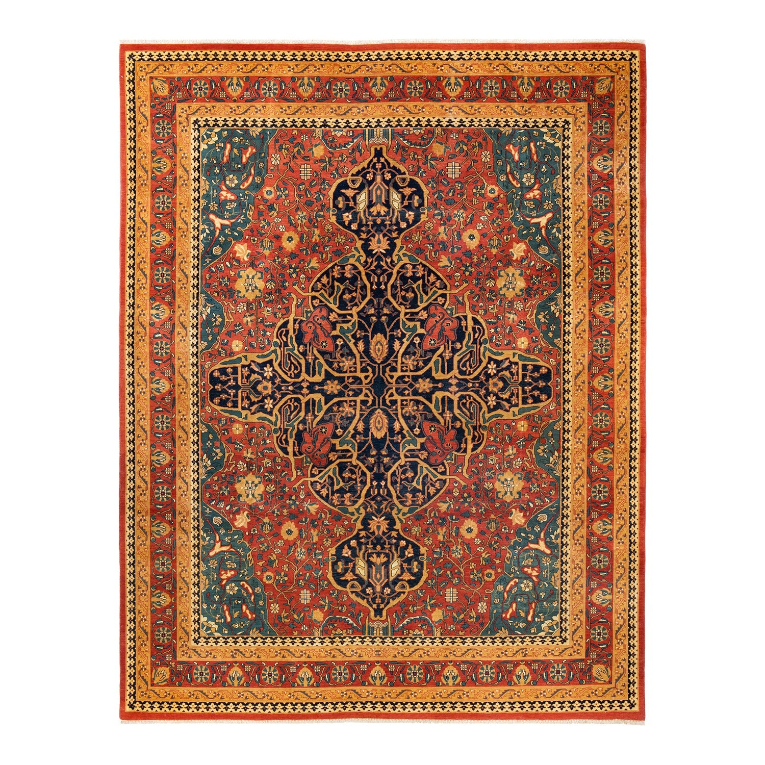 Intricate Persian rug with rich floral motifs and geometric medallion.