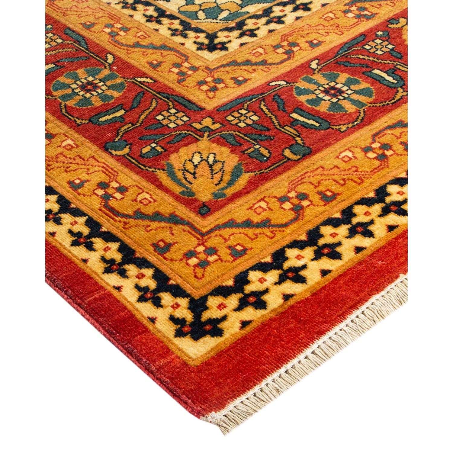 Intricately designed rug with rich red, orange, and blue hues.