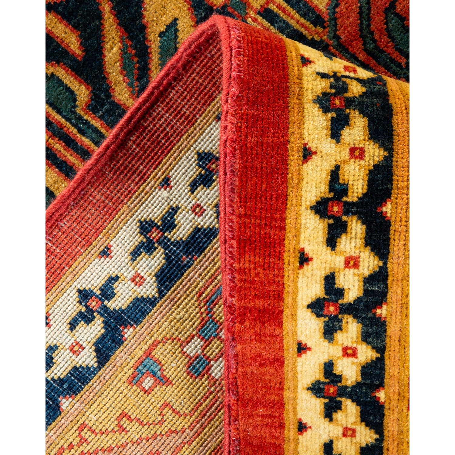 Exquisite handwoven rug showcases vibrant colors and intricate geometric patterns.