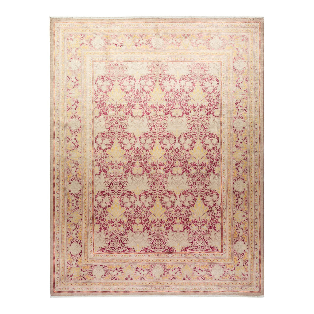 Ornate rug with intricate floral motifs in shades of pink, cream, and yellow, photographed against a neutral background.