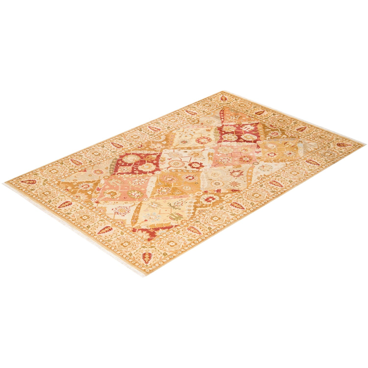 An intricately designed oriental-style rug with rich colors and vintage aesthetic.