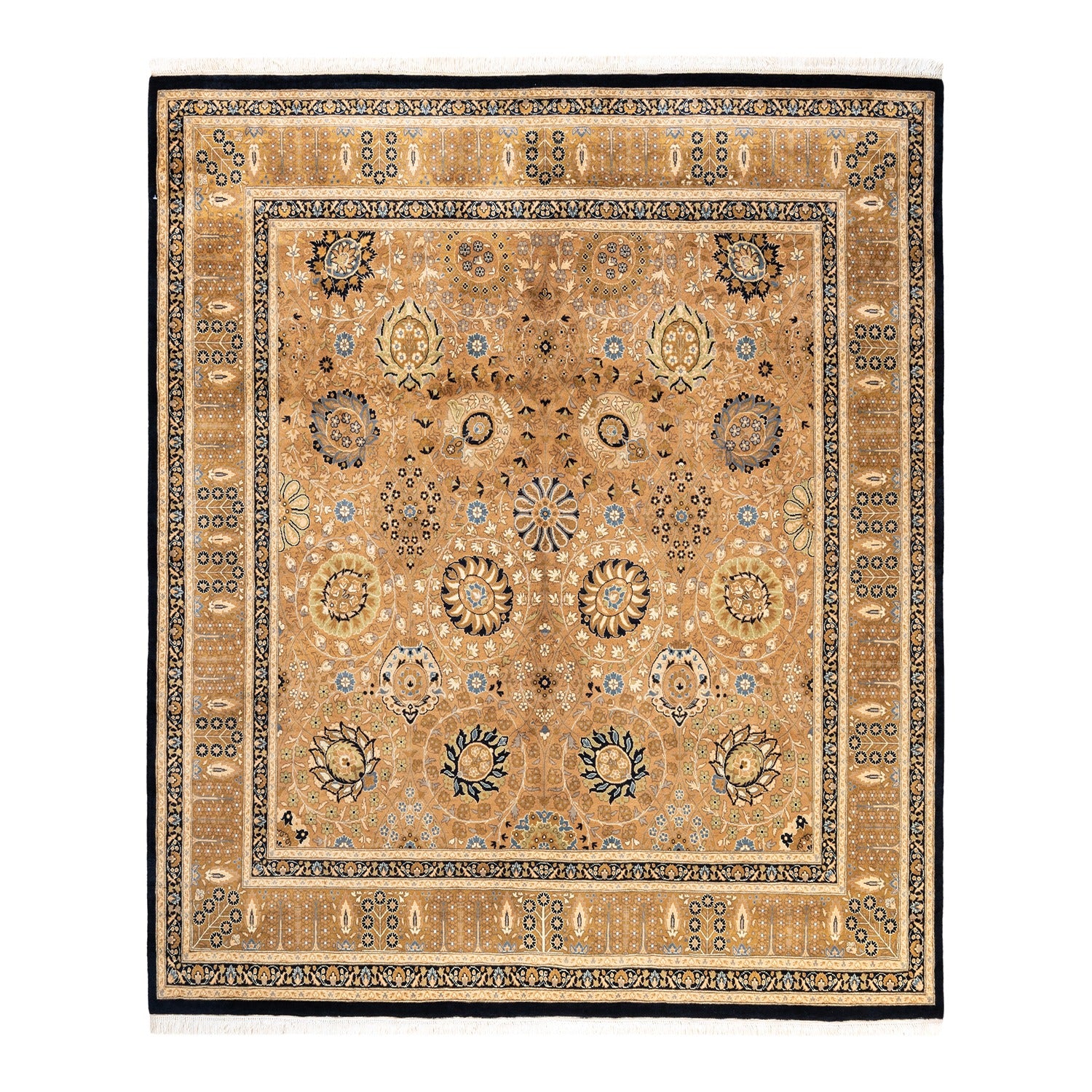 Exquisite hand-knotted rug with intricate design in beige and blue.