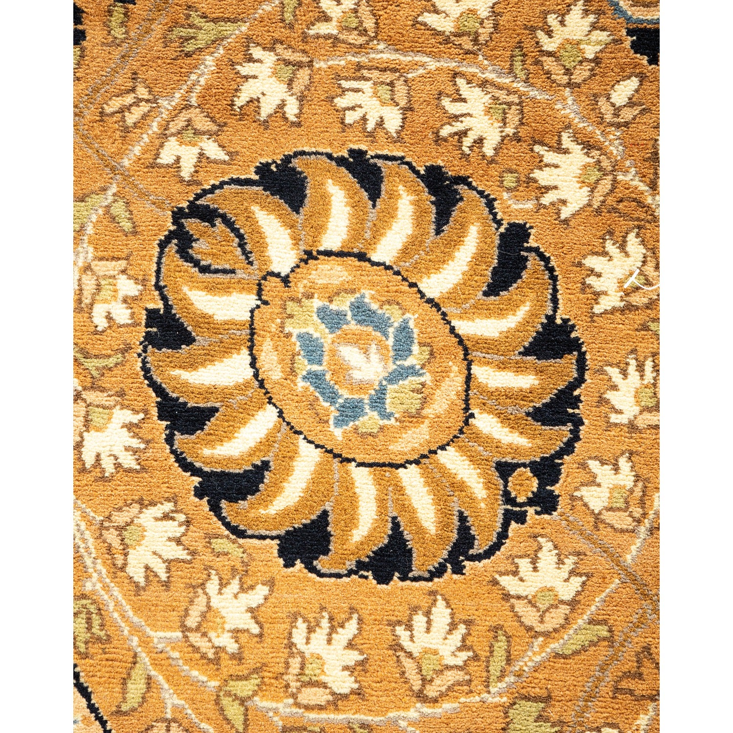 Handwoven, high-quality carpet with intricate floral design in black, cream, and blue.