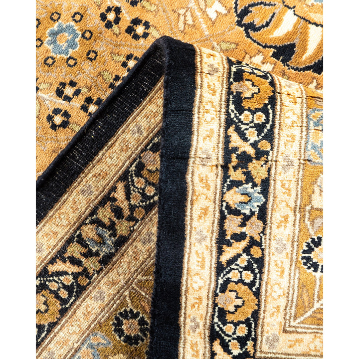 Close-up of a traditional-style Persian rug showcases intricate patterns and craftsmanship.