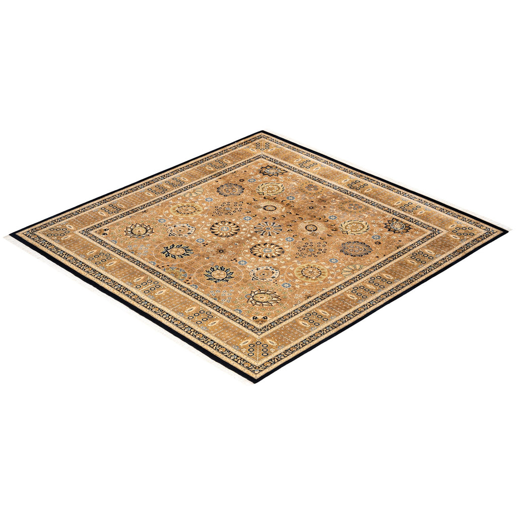Intricate traditional-style area rug with symmetrical design in earth tones.