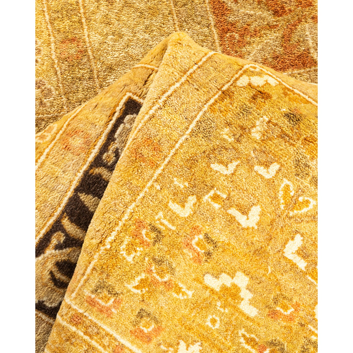 Two ornate rugs, one golden-yellow and traditional, the other earthy and handwoven.