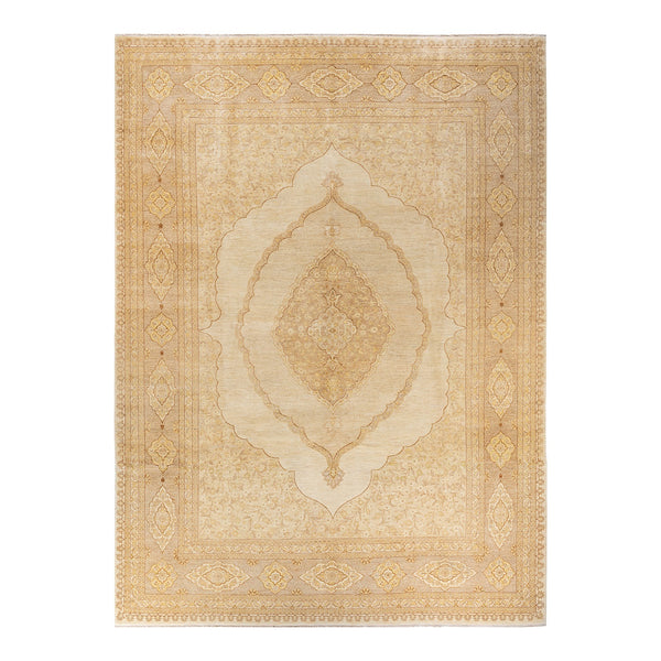 An elegant beige and tan ornate rug with intricate designs.