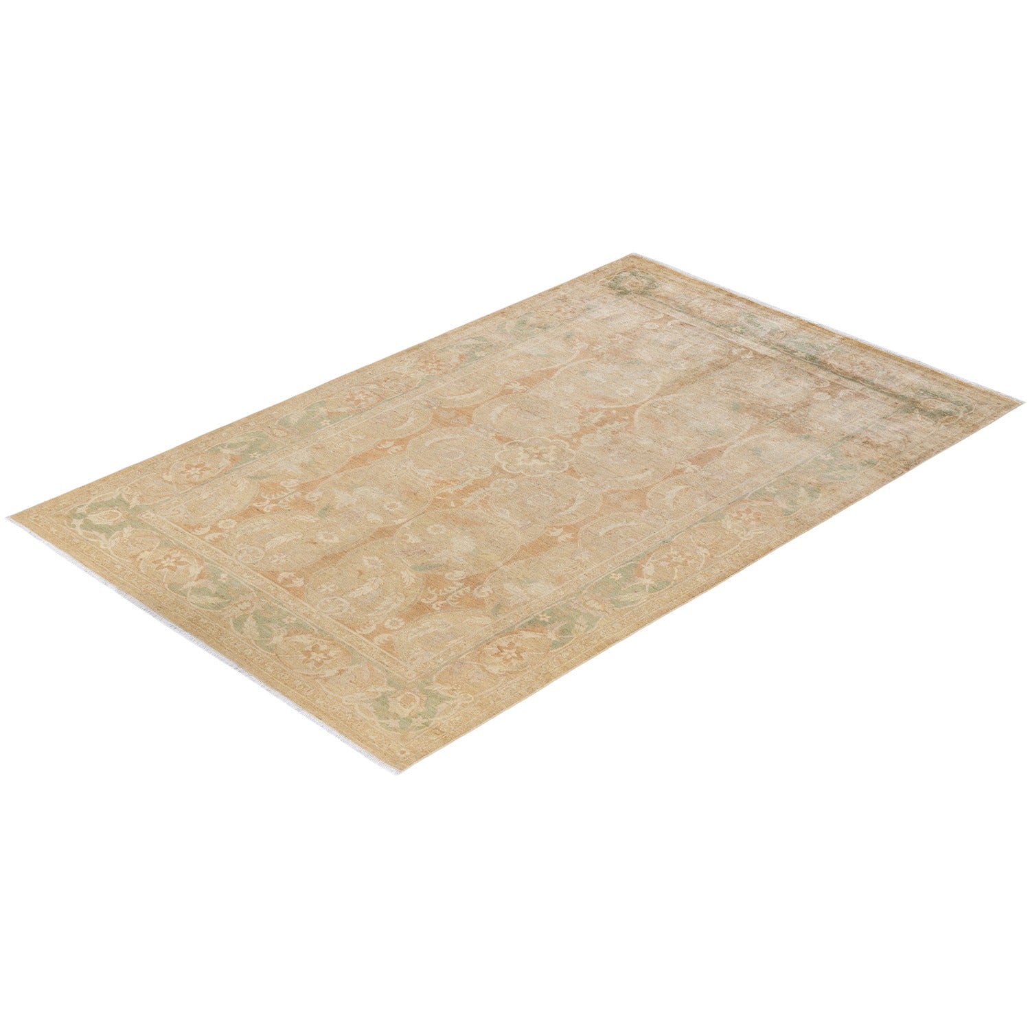 Vintage rectangular rug with delicate floral pattern in beige and brown.