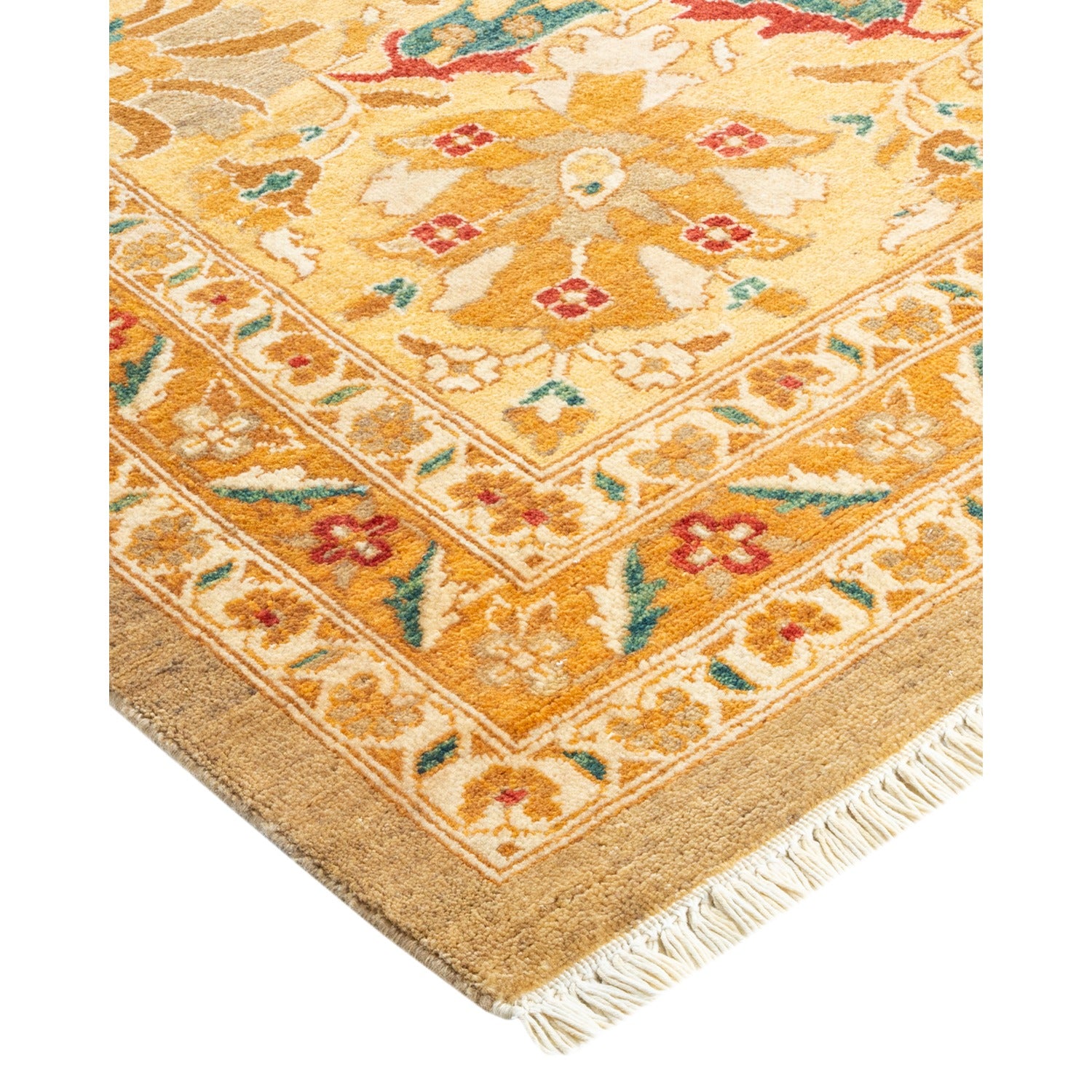Intricate, colorful rug with floral and geometric designs and fringe.